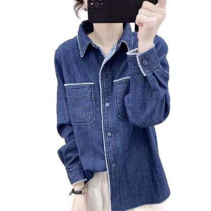 Damen Denim Bluse Kontrastkragen Blau