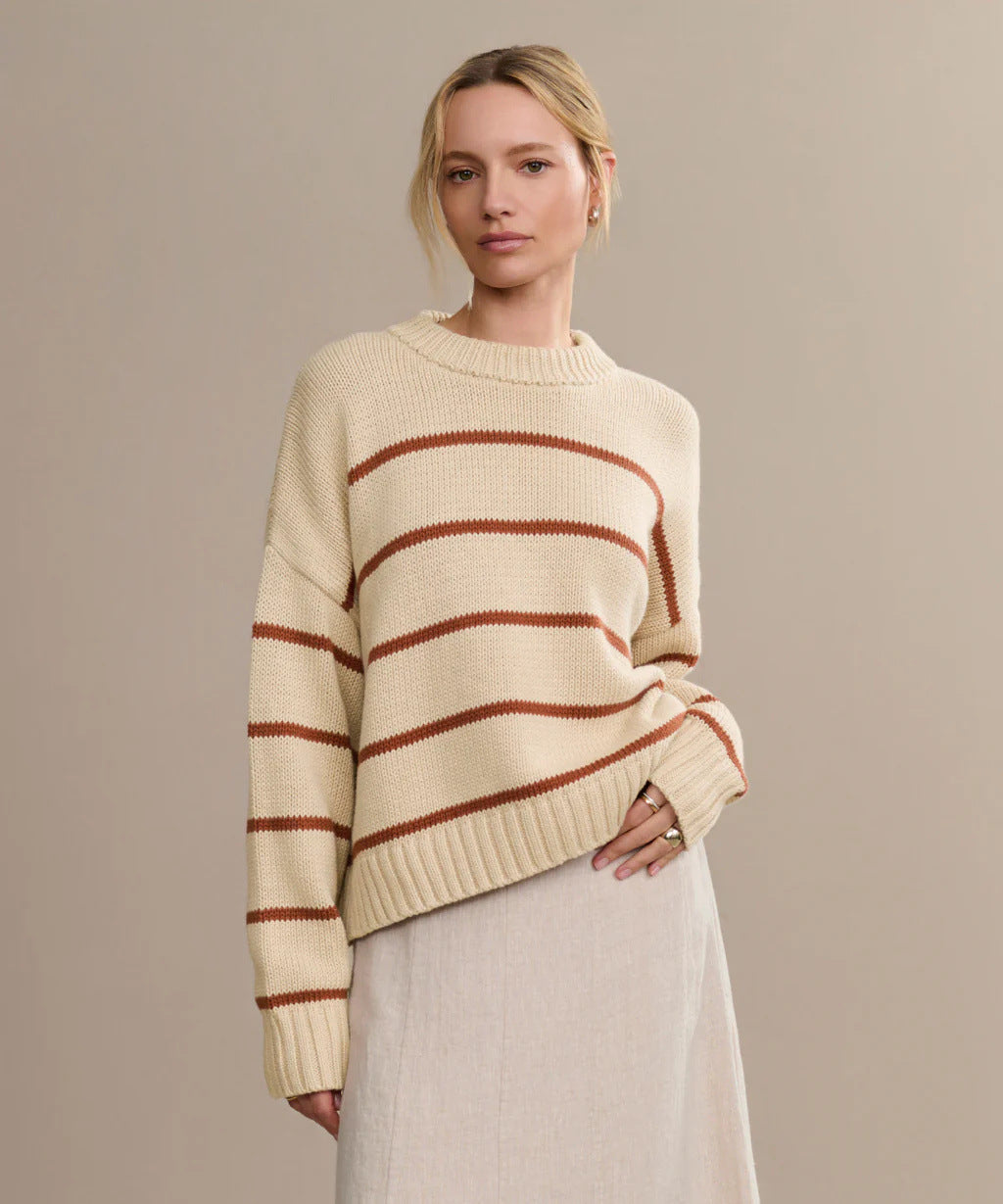 Damen Strickpullover Breite Streifen Rundhals weiß Eveloria