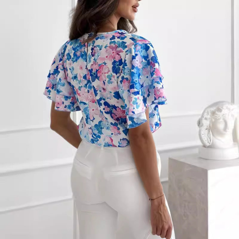 Damen Bluse Voluminöse Rüschenärmel Florales Design