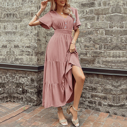 Damen Maxikleid Rüschendetails Taillengürtel Eveloria