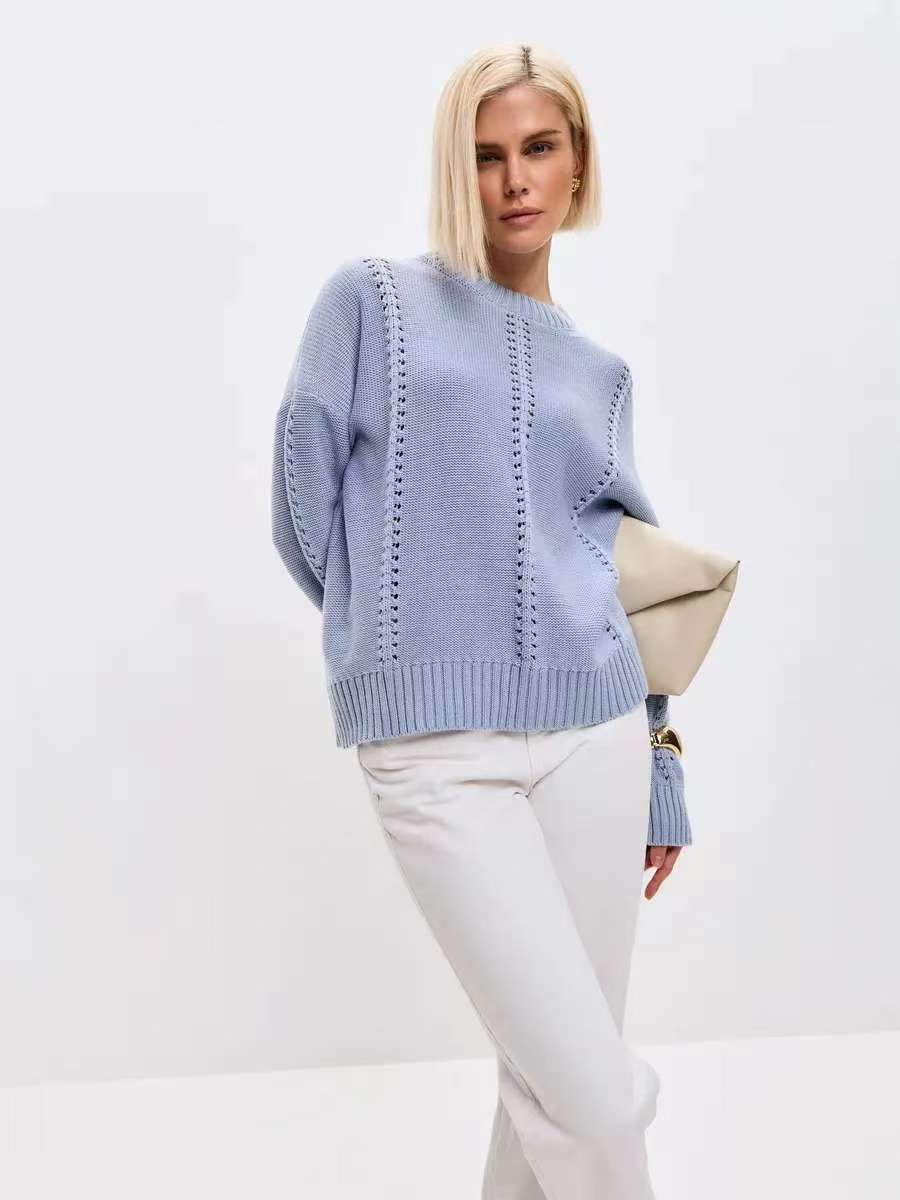 Damen Strickpullover Voluminöse Ärmel Dekoratives Lochmuster Eveloria