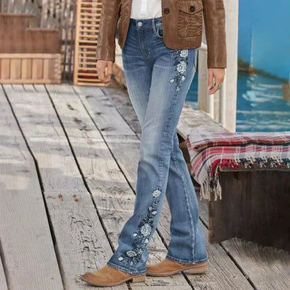 Eveloria Damen Mittel Taille Jeans Flamingo Bestickt