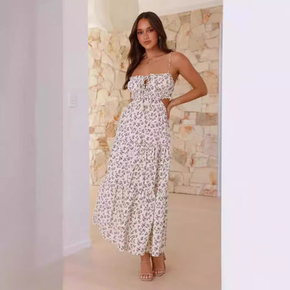 Damen Maxi-Kleid Raffung Spitze Beige
