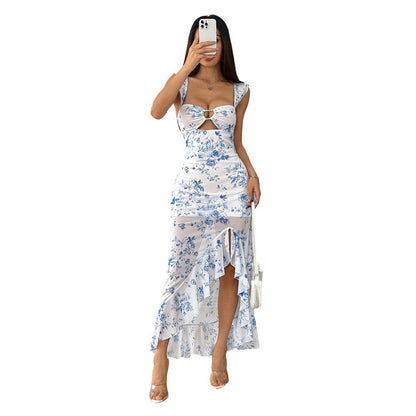 Damen Maxikleid Figurbetont Florales Design Seitlicher Schlitz