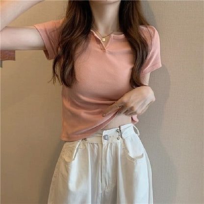 Damen T-Shirt Cropped Baumwolle Figurbetont Dunkelblau