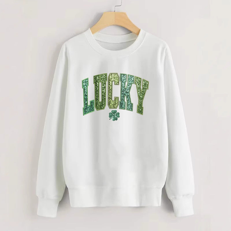 Damen Sweatshirt Glitzernd Kleeblattmotiv Grau Eveloria