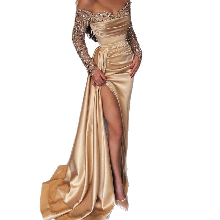 Damen Abendkleid Schimmerstoff Glitzerärmel Eveloria