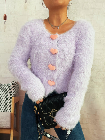 Damen Cardigan Flauschig Herzknöpfe