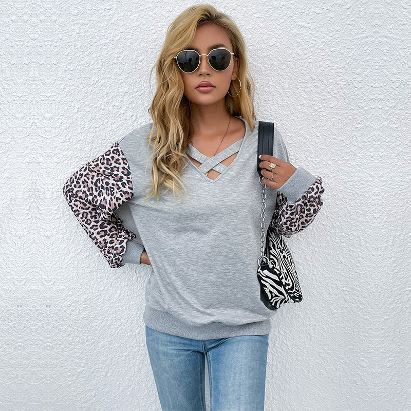 Damen Pullover Animal-Print Ärmel V-Ausschnitt