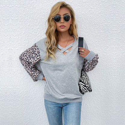 Damen Pullover Animal-Print Ärmel V-Ausschnitt