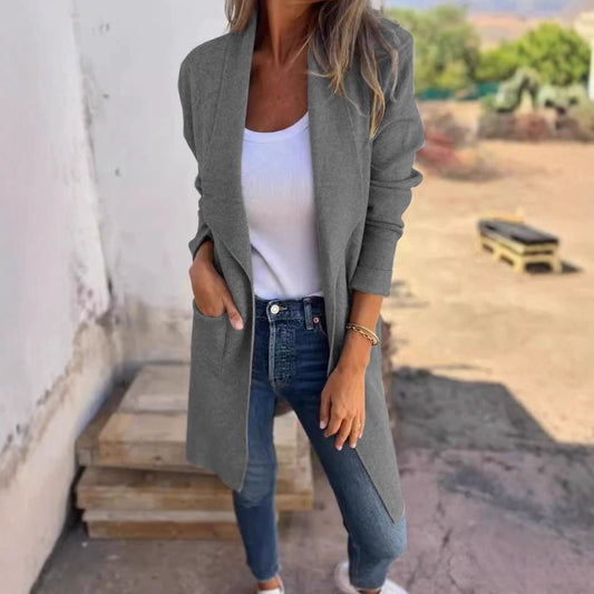 Damen Oversized-Mantel Lässig Eingrifftaschen Offener Kragen Schwarz - Eveloria