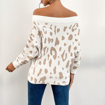 Damen Pullover Off-Shoulder Leopardenmuster