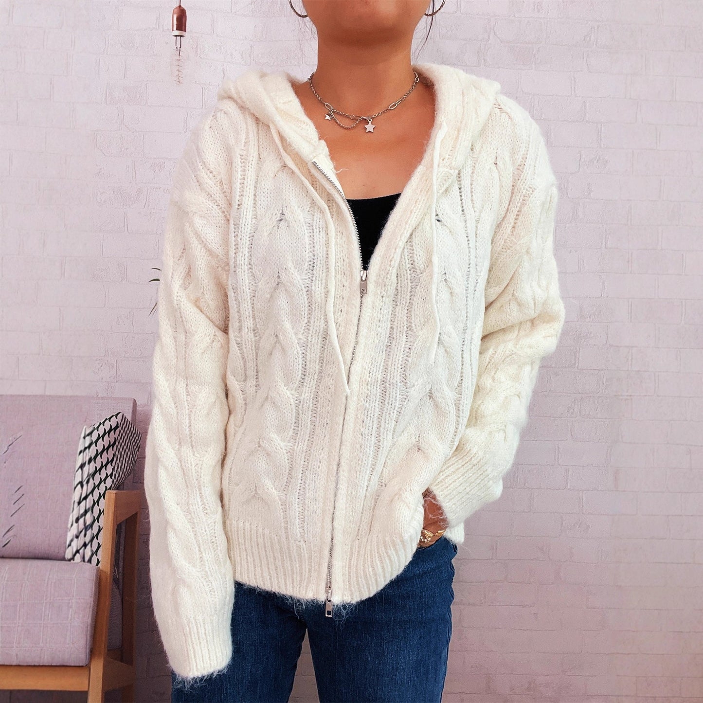 Damen Zip-Hoodie Gestreift Weich Kapuze Eveloria