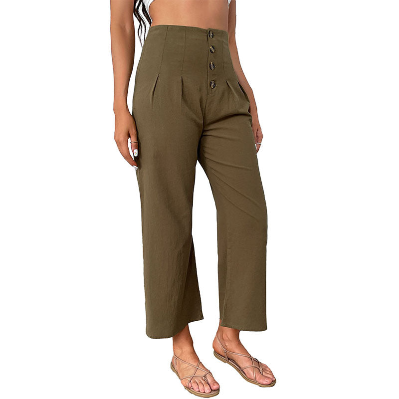 Damen Hochwaisted Hosen Knopfdetail Faltenwurf Eveloria