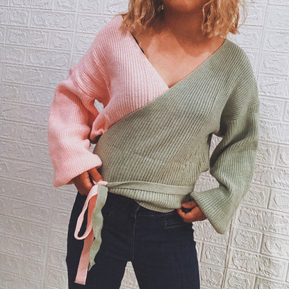 Damen Strickpullover Modernes Wickeldesign Breite Ärmel