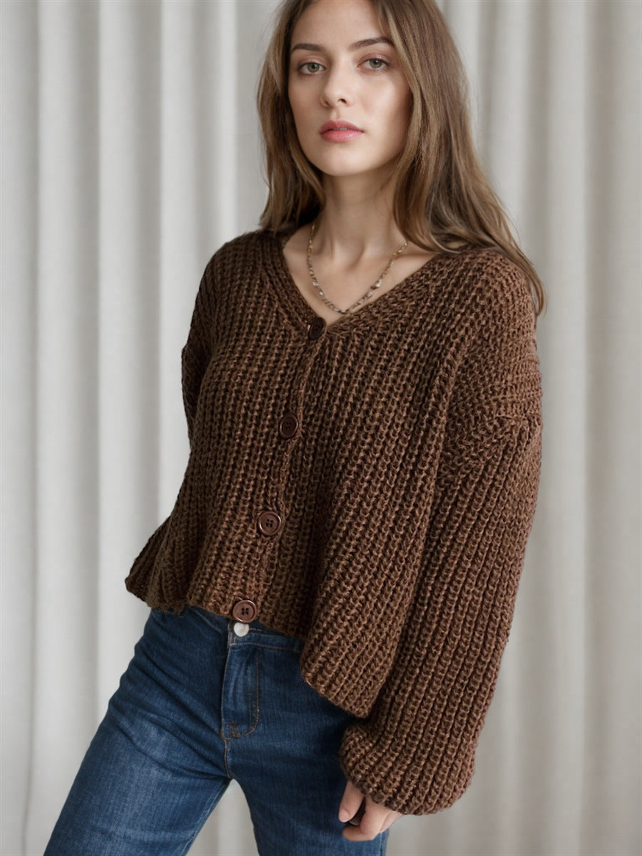 Damen Cropped Strickjacke Grobmaschig Große Knöpfe Beige