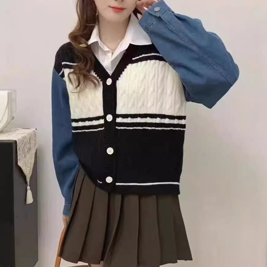 Damen Strickjacke mit Denim-Ärmeln Blau Eveloria