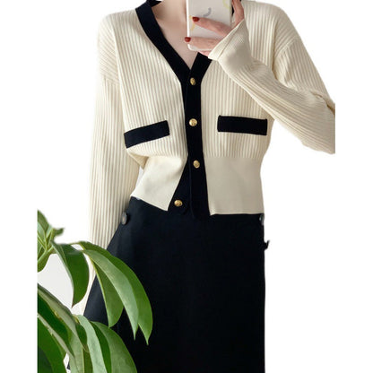 Damen Strickcardigan mit Knopfleiste und Kontrasttaschen