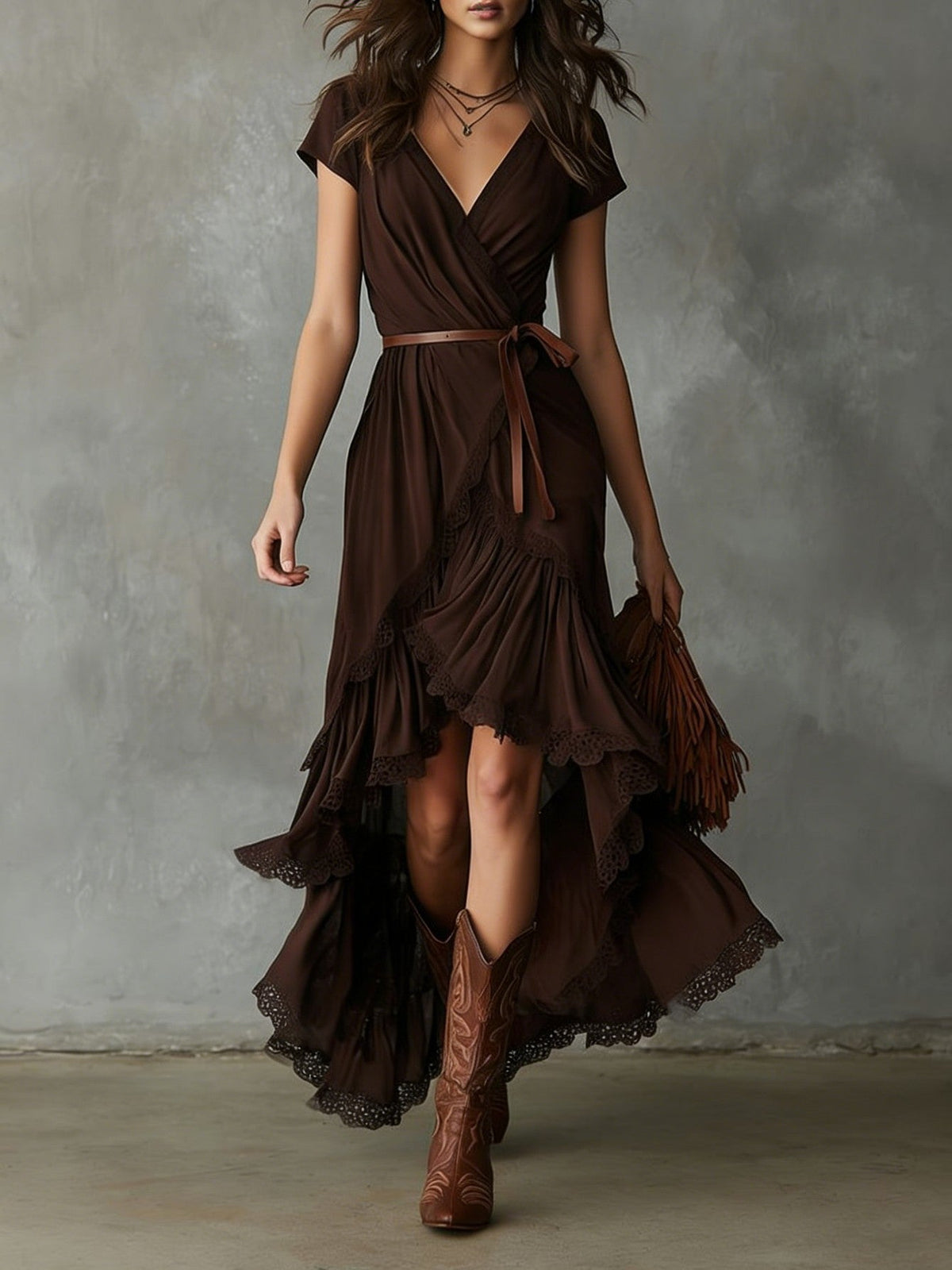 Damen Wickelkleid mit Spitzenakzenten und Blumenmustern Eveloria
