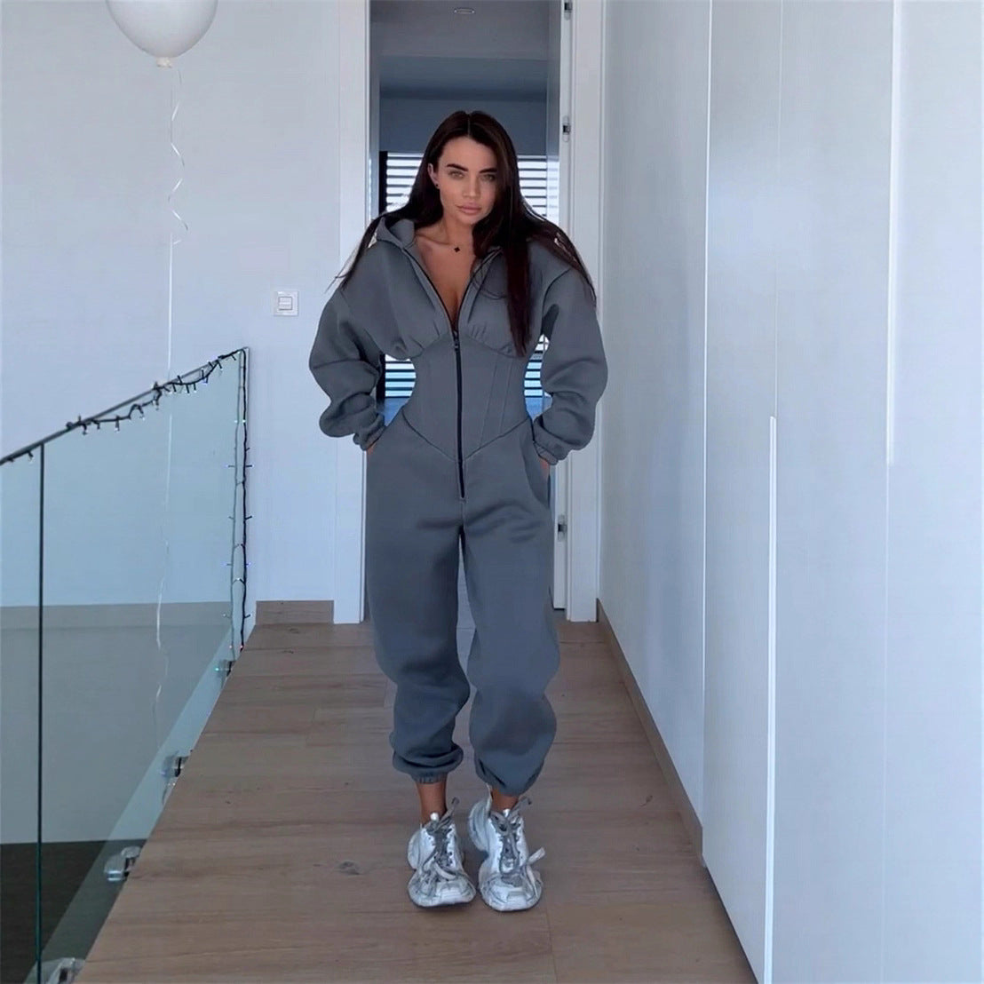 Damen Sportoverall Figurbetonter Stretch Höher Kragen Eveloria