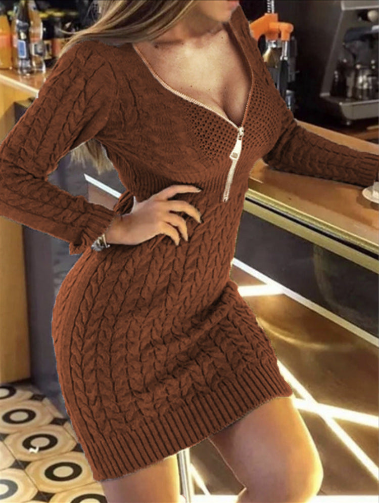 Damen Strickkleid Reißverschluss Zopfmuster Eveloria
