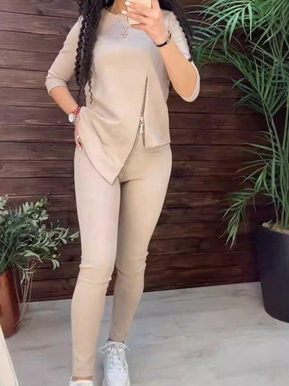 Damen Velours Loungewear Set Reißverschluss Anthrazit