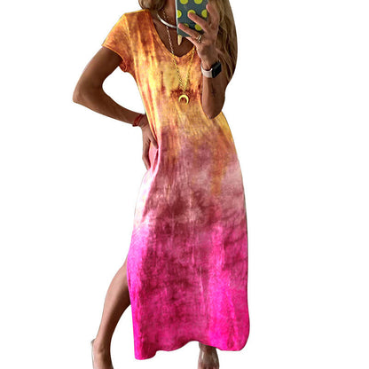 Damen Maxikleid Langarm V-Ausschnitt Tie-Dye