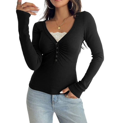 Damen Langarmshirt V-Ausschnitt Knöpfe