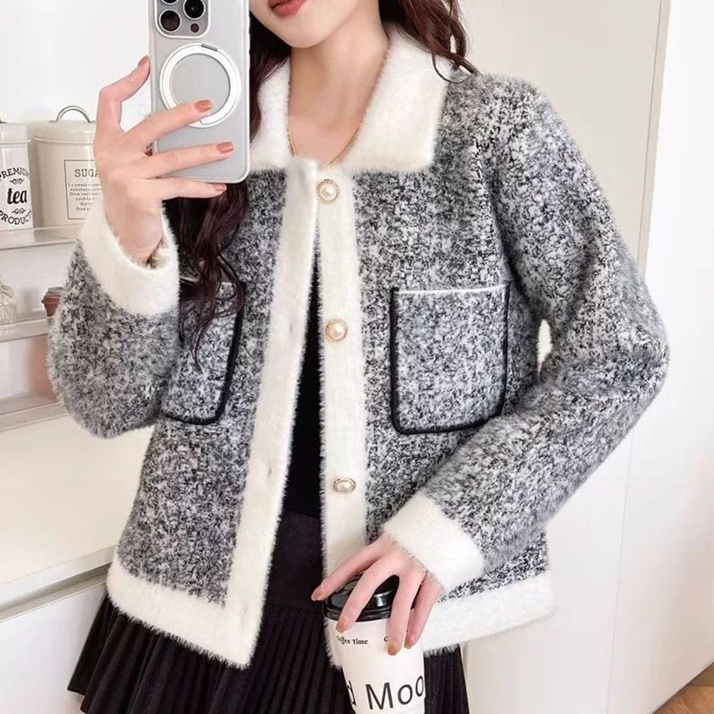 Damen Jacke Kuschelig Kontrasttaschen Eveloria