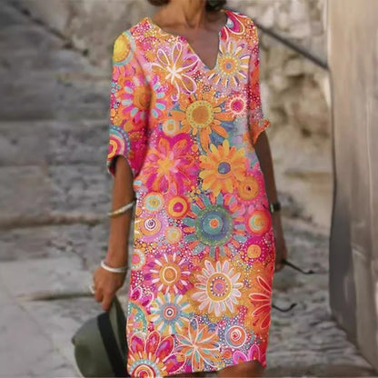 Damen Freizeitkleid Floralmuster V-Ausschnitt - Eveloria