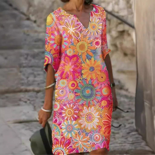 Damen Freizeitkleid Floralmuster V-Ausschnitt - Eveloria