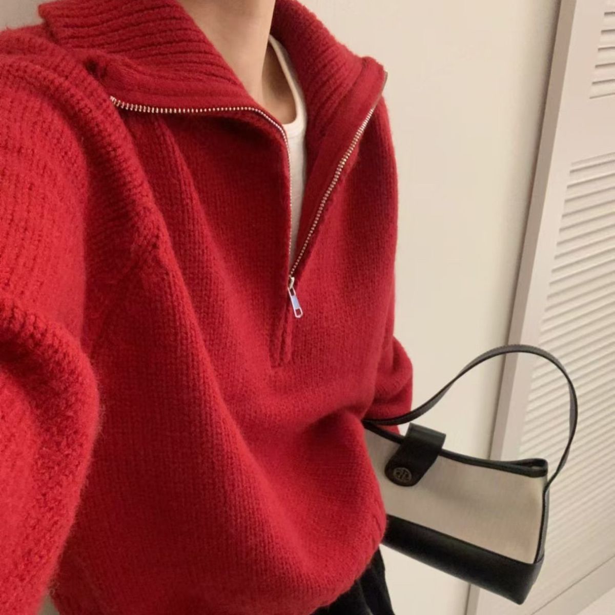 Damen Strickpullover Mit Reißverschluss Hoch Kragen Beige