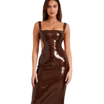 Damen Pailletten-Abendkleid Lang Eveloria Mit Tiefem Ausschnitt