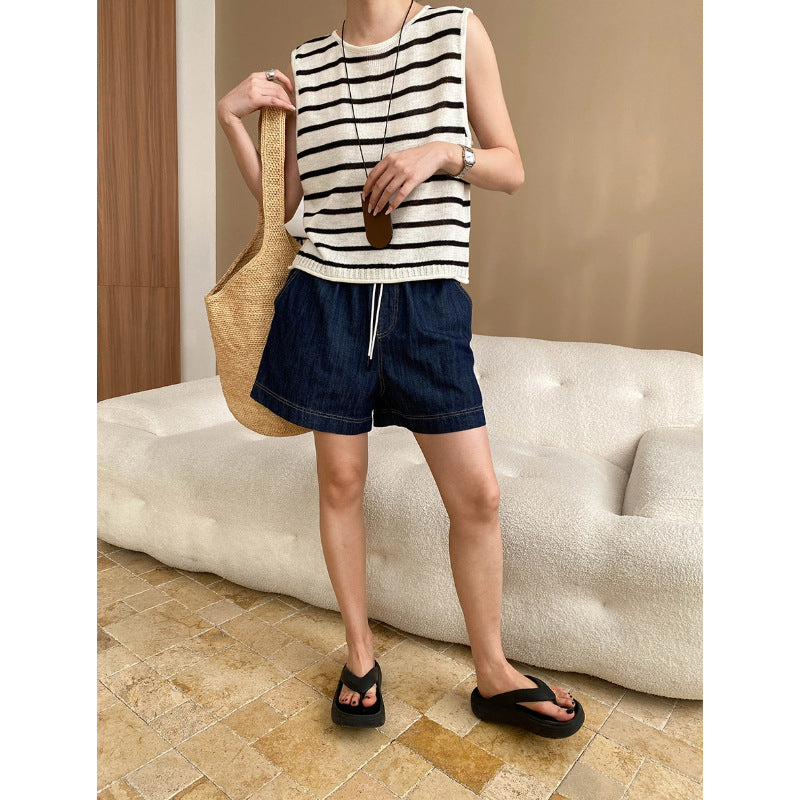 Damen Jeansshorts Hochbund Atmungsaktiv Blau Eveloria