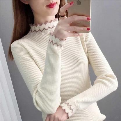 Damen Strickpullover Stehkragen Wellenmuster Eveloria
