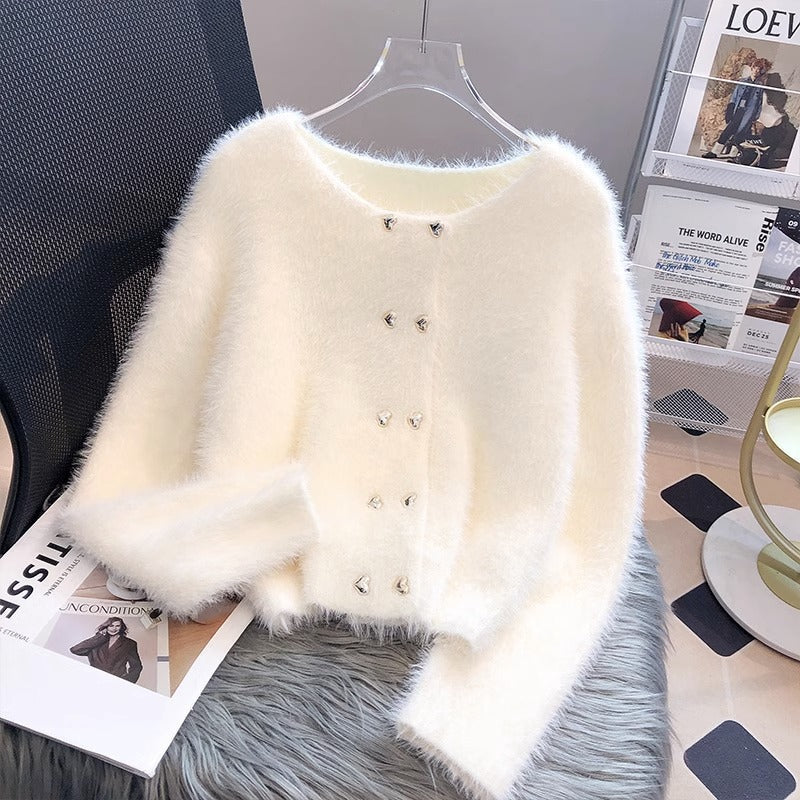 Damen Cardigan Flauschig Herzknöpfe