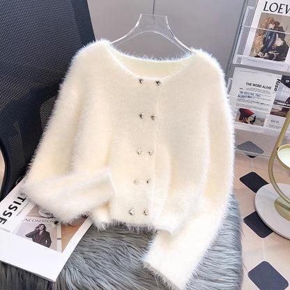 Damen Cardigan Flauschig Herzknöpfe