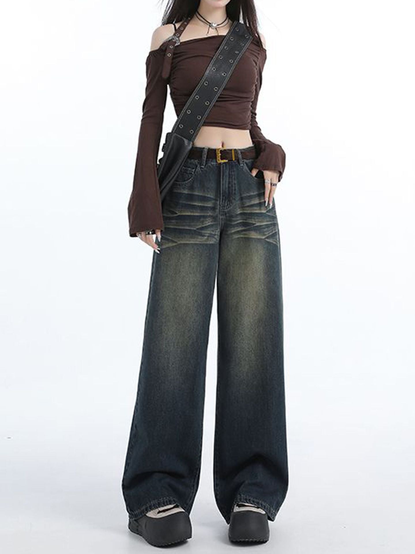 Damen Weite Jeans Hochbund Modische Waschung Eveloria
