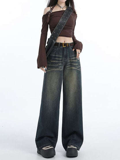 Damen Weite Jeans Hochbund Modische Waschung Eveloria