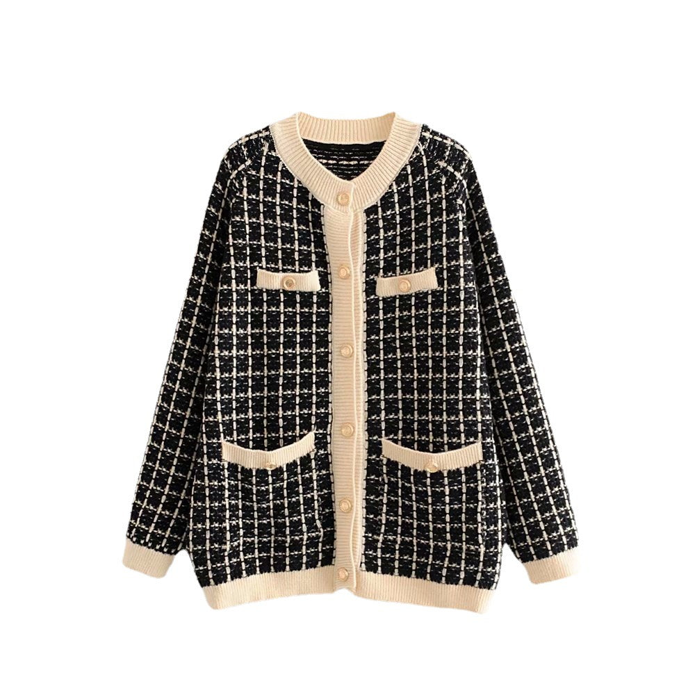 Damen Strickjacke Karomuster Dekorative Knöpfe