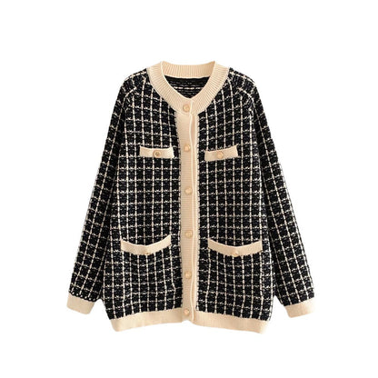 Damen Strickjacke Karomuster Dekorative Knöpfe