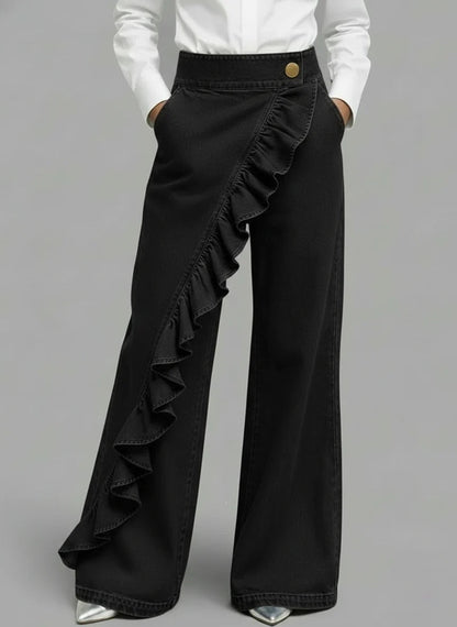Damen Weite Jeanshose Rüschendetail Eveloria
