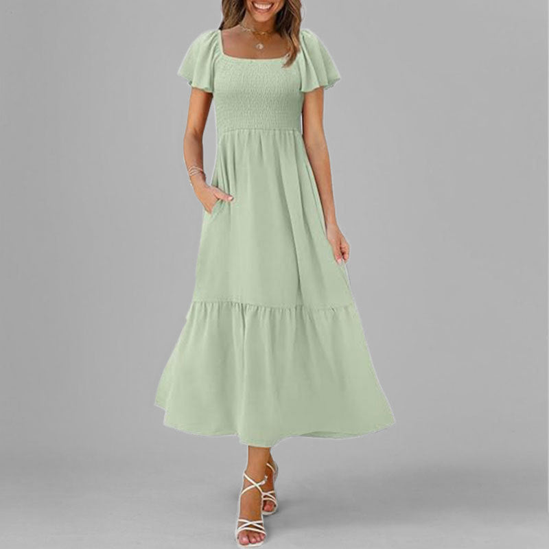 Damen Maxikleid Quadrat-Ausschnitt Voluminöse Ärmel Eveloria