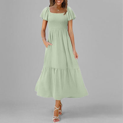 Damen Maxikleid Quadrat-Ausschnitt Voluminöse Ärmel Eveloria