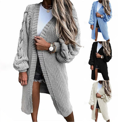 Damen Grobstrick Cardigan Voluminöse Ärmel Offene Front - Eveloria