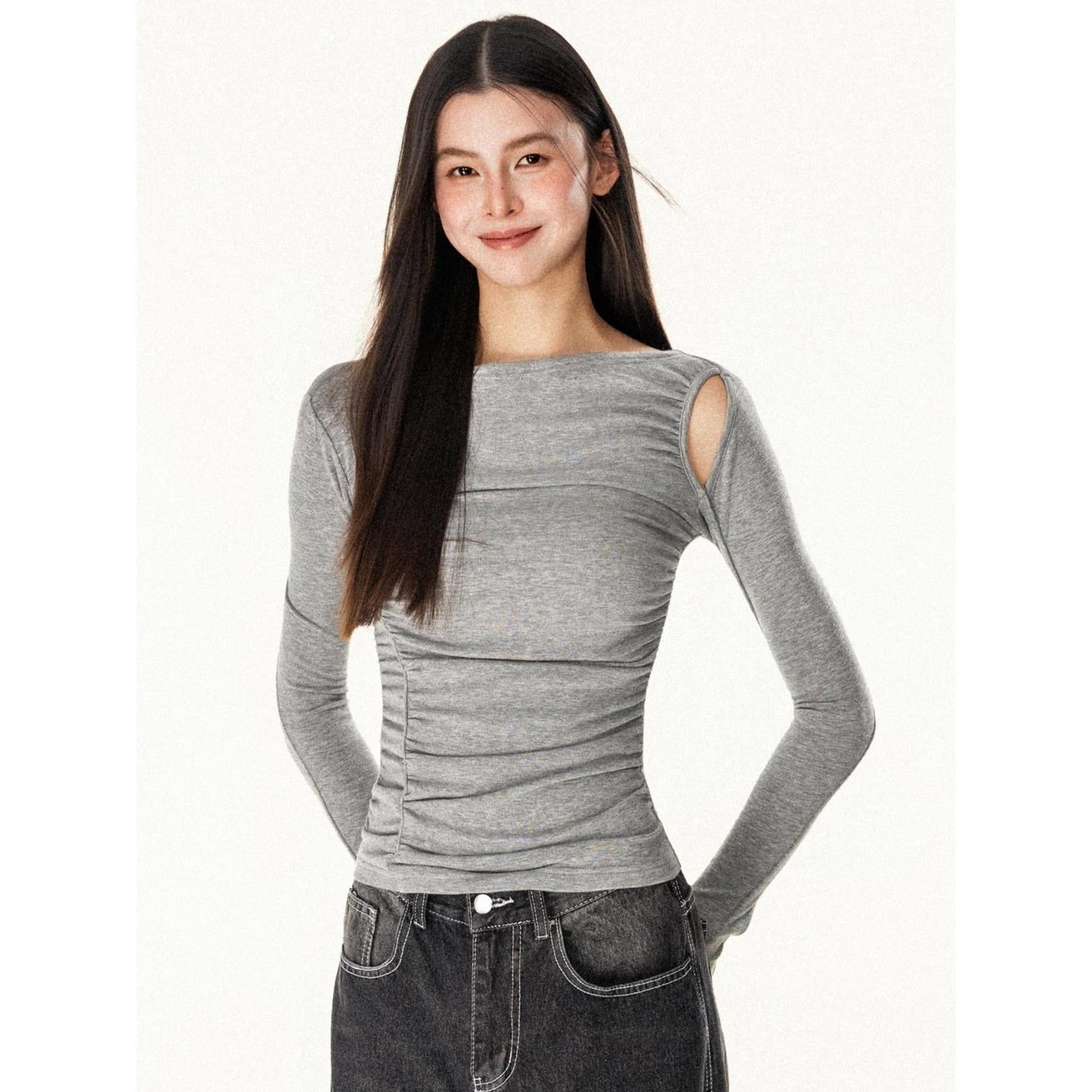 Damen Langarmshirt Asymmetrischer Ausschnitt Figurbetont Eveloria - Eveloria