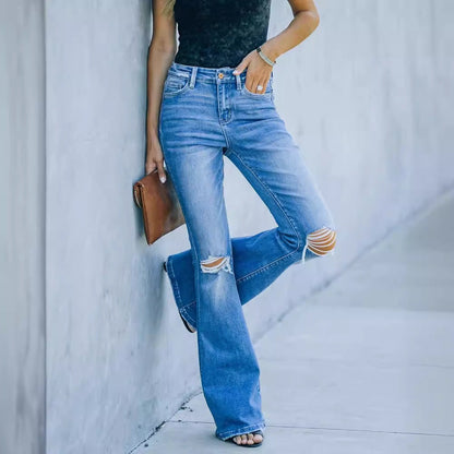 Damen Weite Jeans Destroyed Effekt Blau Eveloria