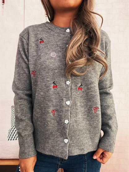 Damen Strickjacke Bunt Stickdesign Knopfverschluss