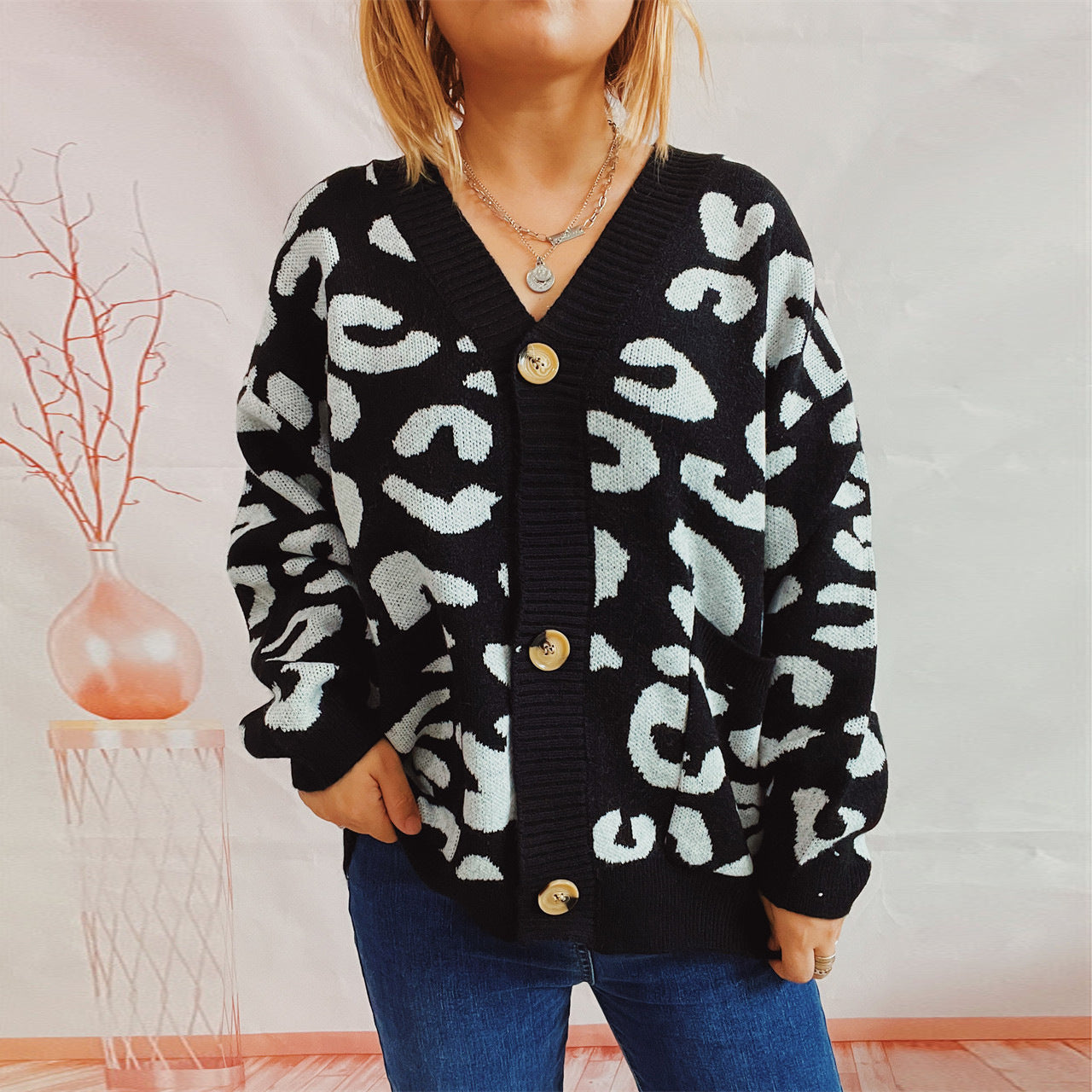 Damen Cardigan Lockere Ärmel Leo-Muster Eveloria