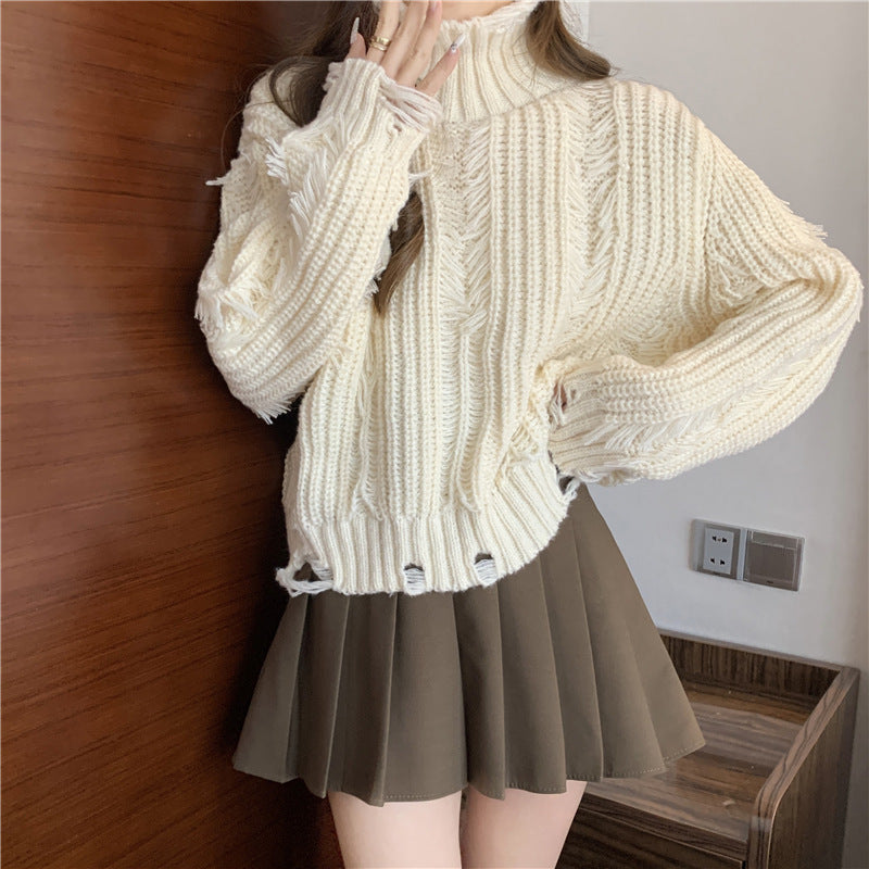 Damen Grobstrickpullover Hochkragen Französischer Look Eveloria